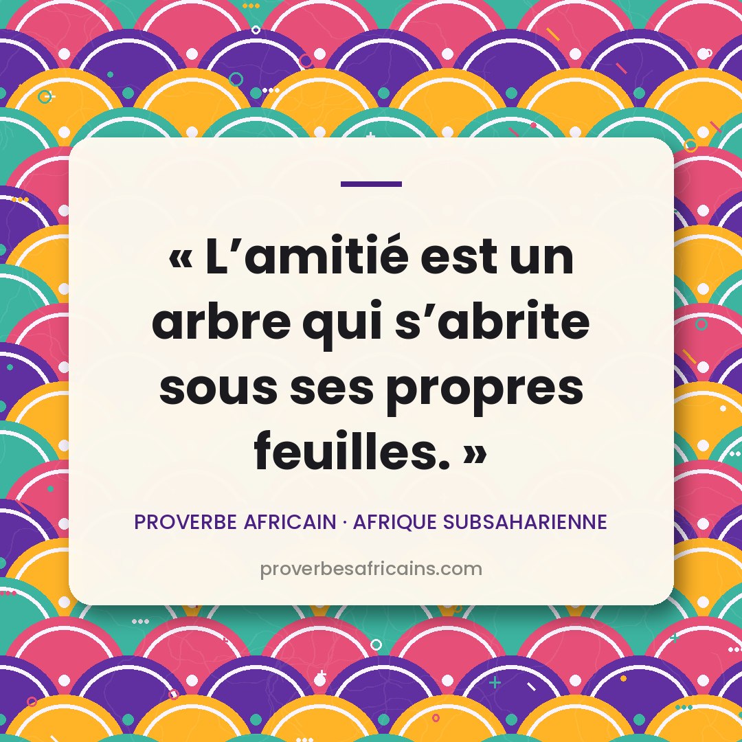 Proverbe africain illustré sur fond wax : « L'amitié est un arbre qui s'abrite sous ses propres feuilles. »