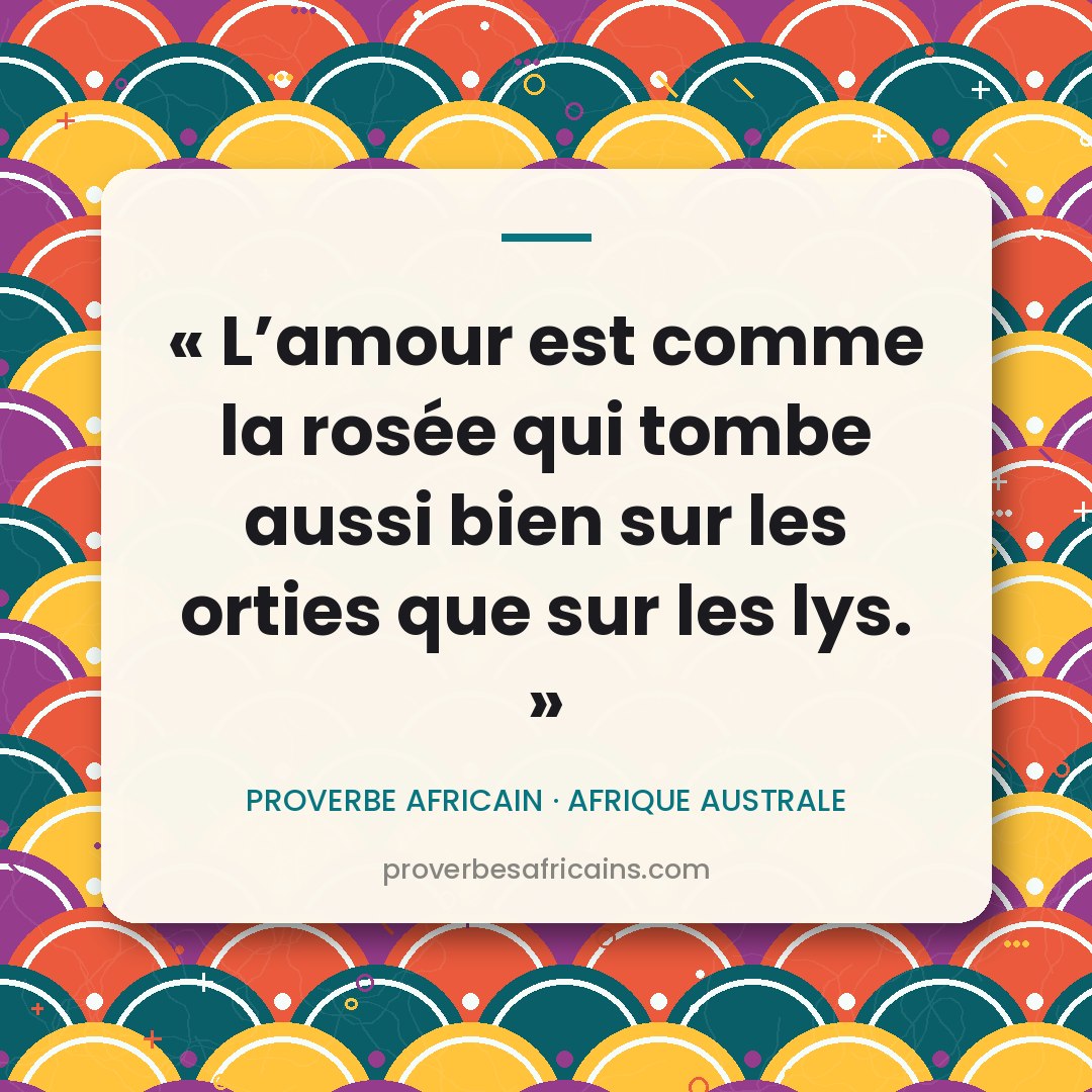 Proverbe africain illustré sur fond wax : « L'amour est comme la rosée qui tombe aussi bien sur les orties que sur les lys. »