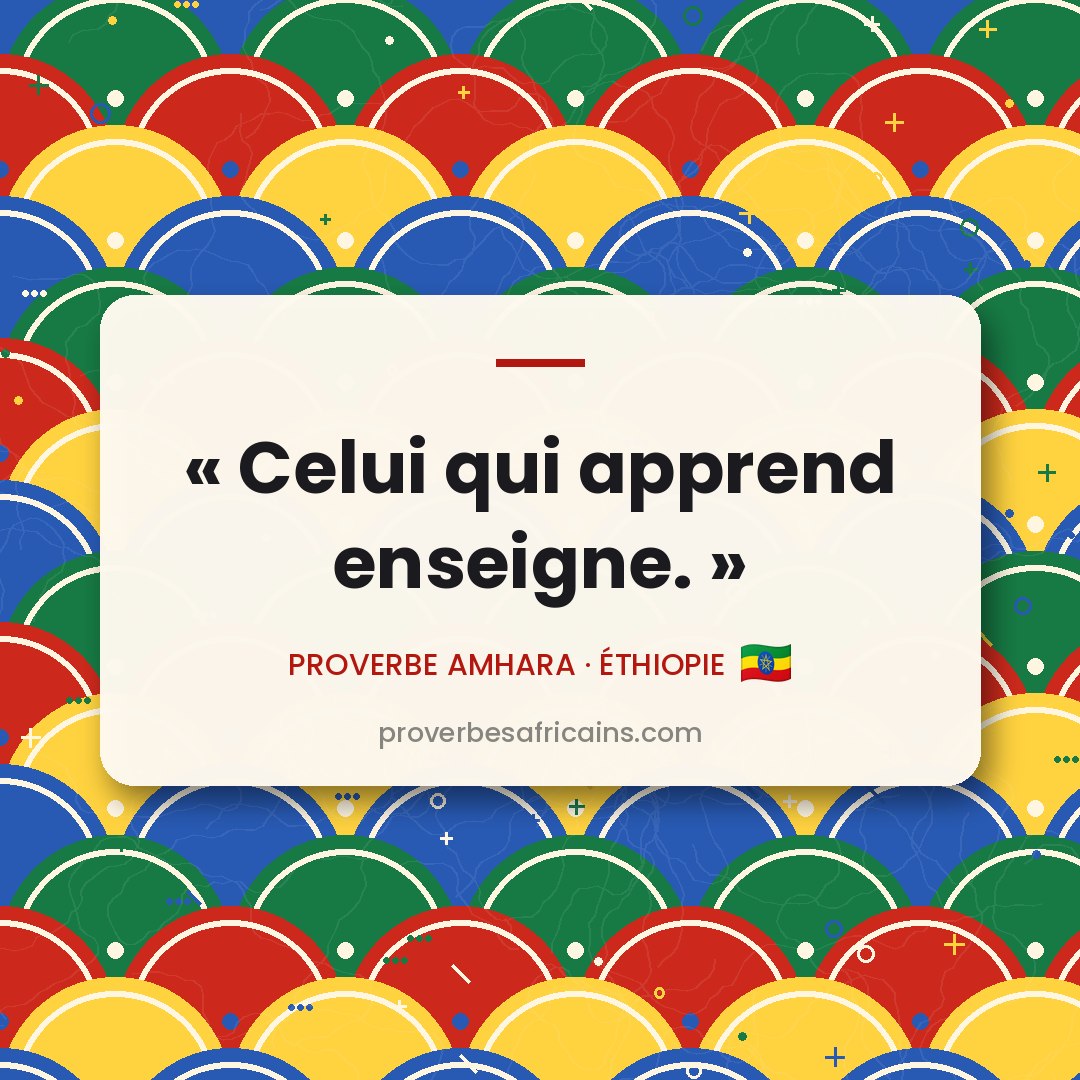 Proverbe africain illustré sur fond wax : « Celui qui apprend enseigne. »