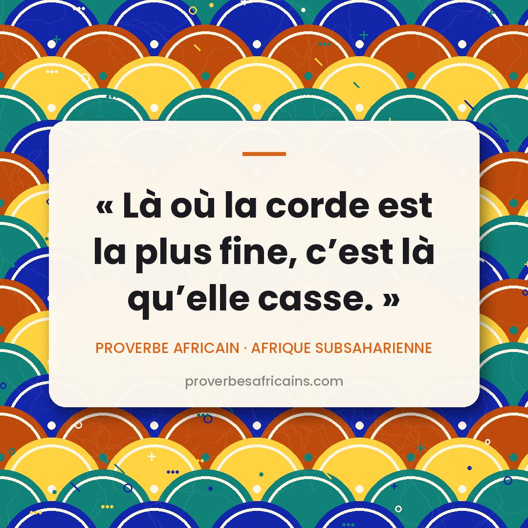 Proverbe africain illustré sur fond wax : « Là où la corde est la plus fine, c'est là qu'elle casse. »