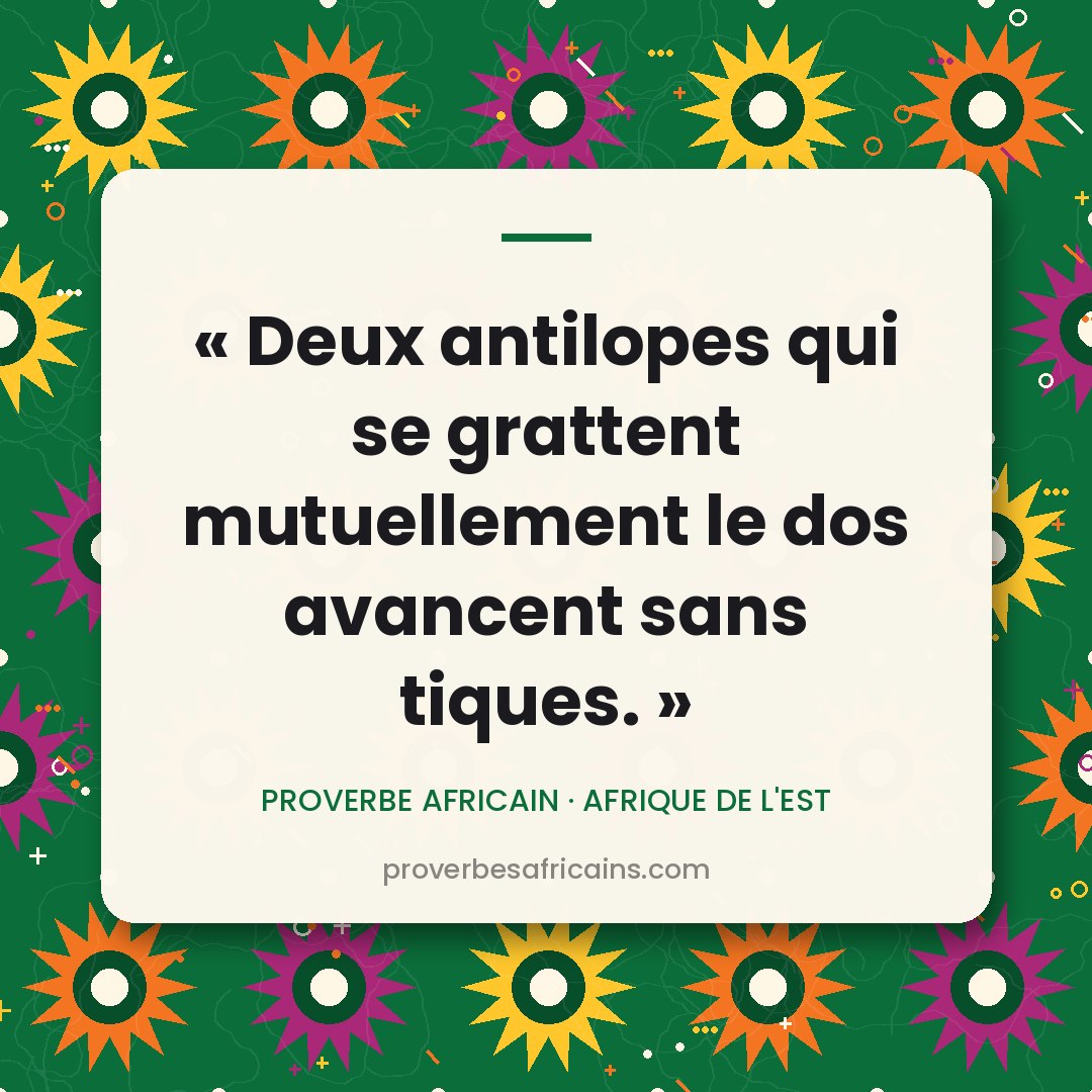 Proverbe africain illustré sur fond wax : « Deux antilopes qui se grattent mutuellement le dos avancent sans tiques. »
