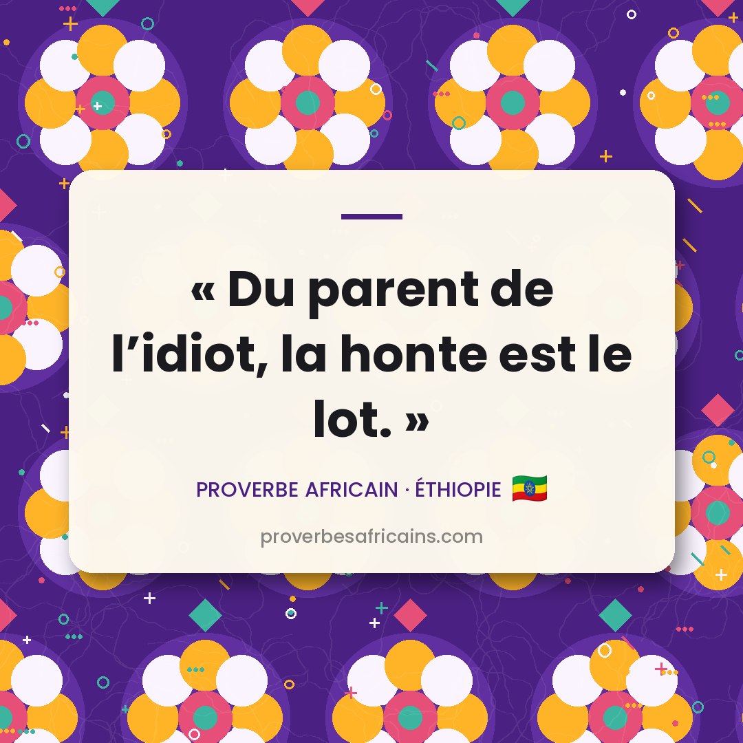 Proverbe africain illustré sur fond wax : « Du parent de l'idiot, la honte est le lot. »