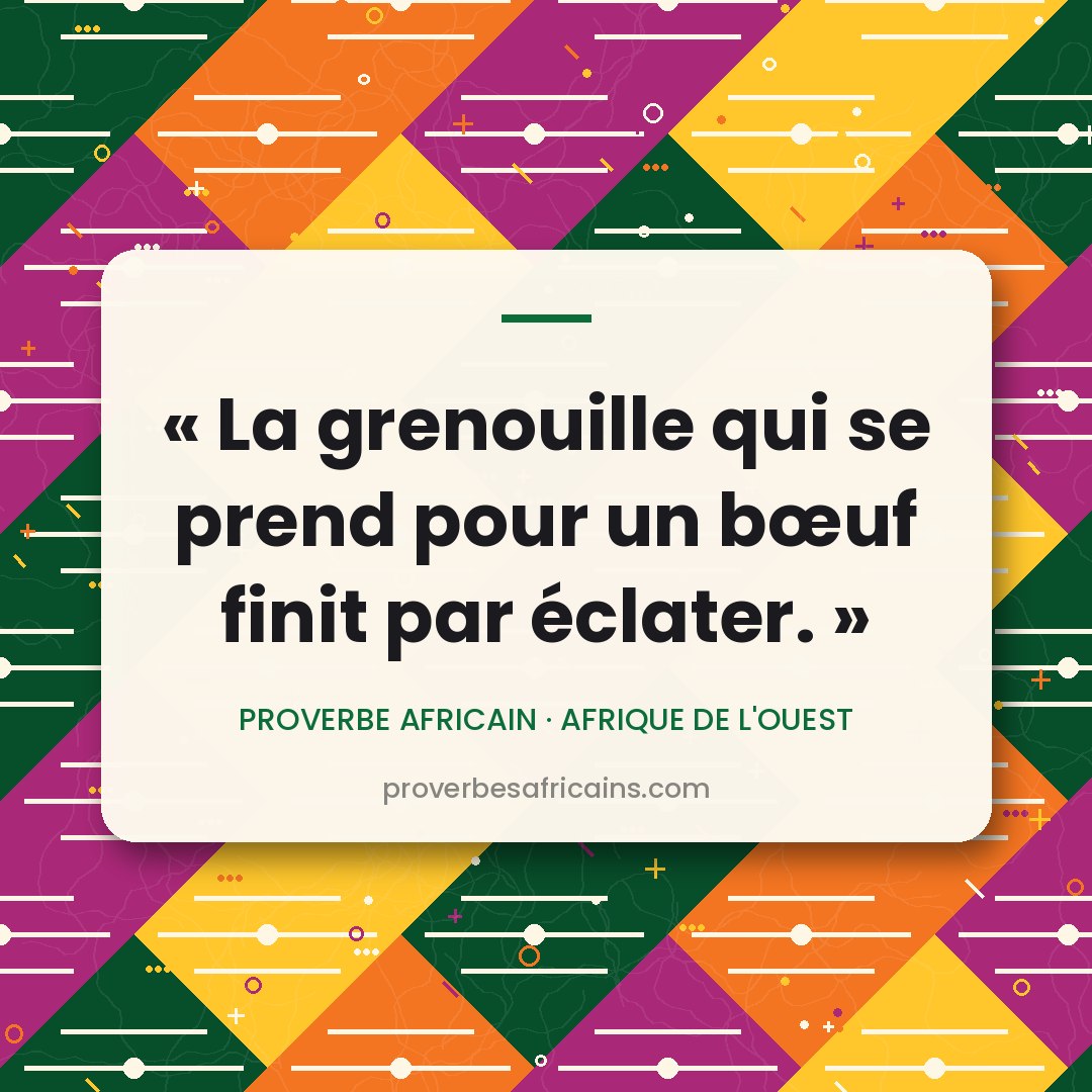 Proverbe africain illustré sur fond wax : « La grenouille qui se prend pour un bœuf finit par éclater. »