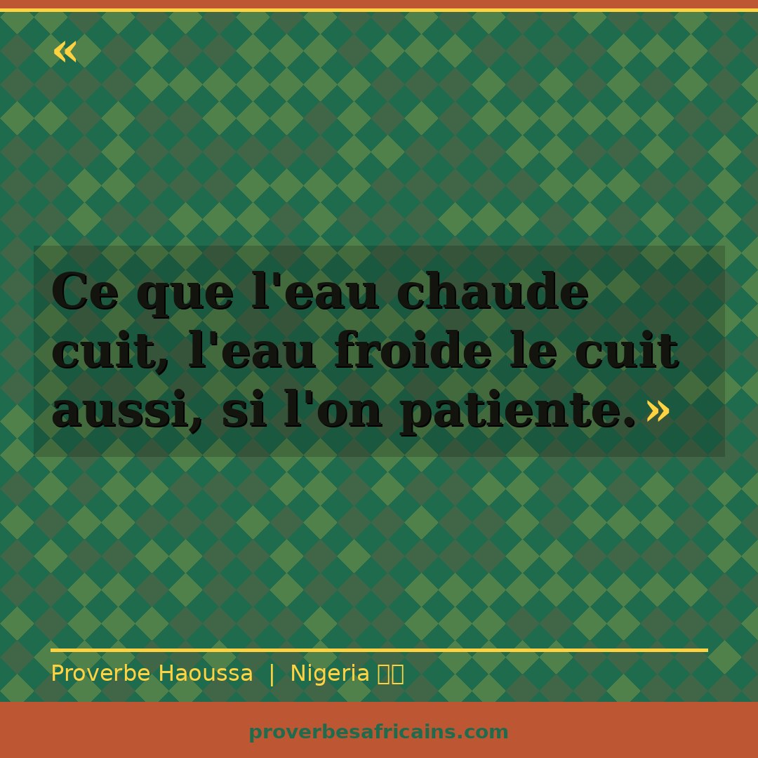 Proverbe africain illustré sur fond wax : « Ce que l'eau chaude cuit, l'eau froide le cuit aussi, si l'on patiente. »