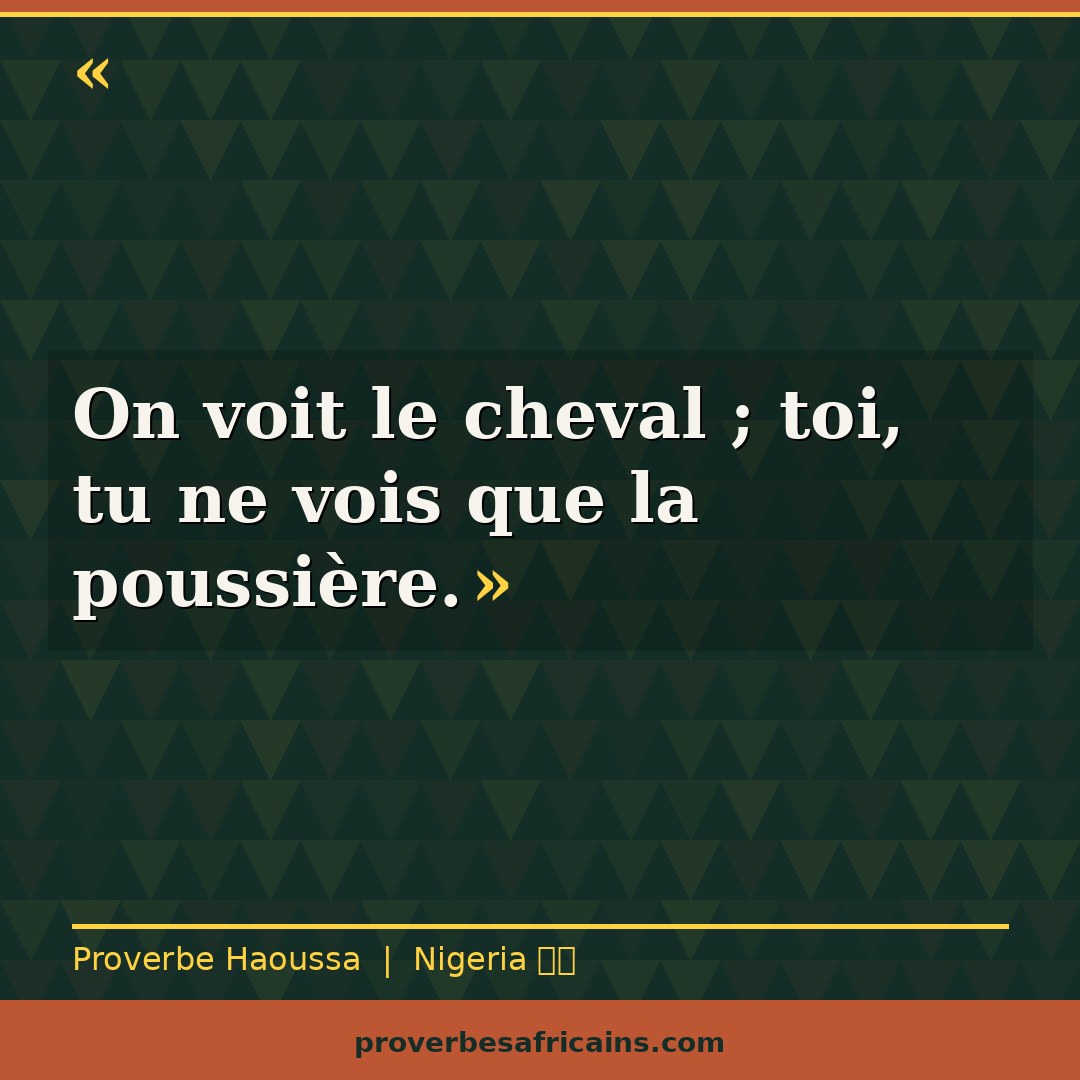 Proverbe africain illustré sur fond wax : « On voit le cheval ; toi, tu ne vois que la poussière. »