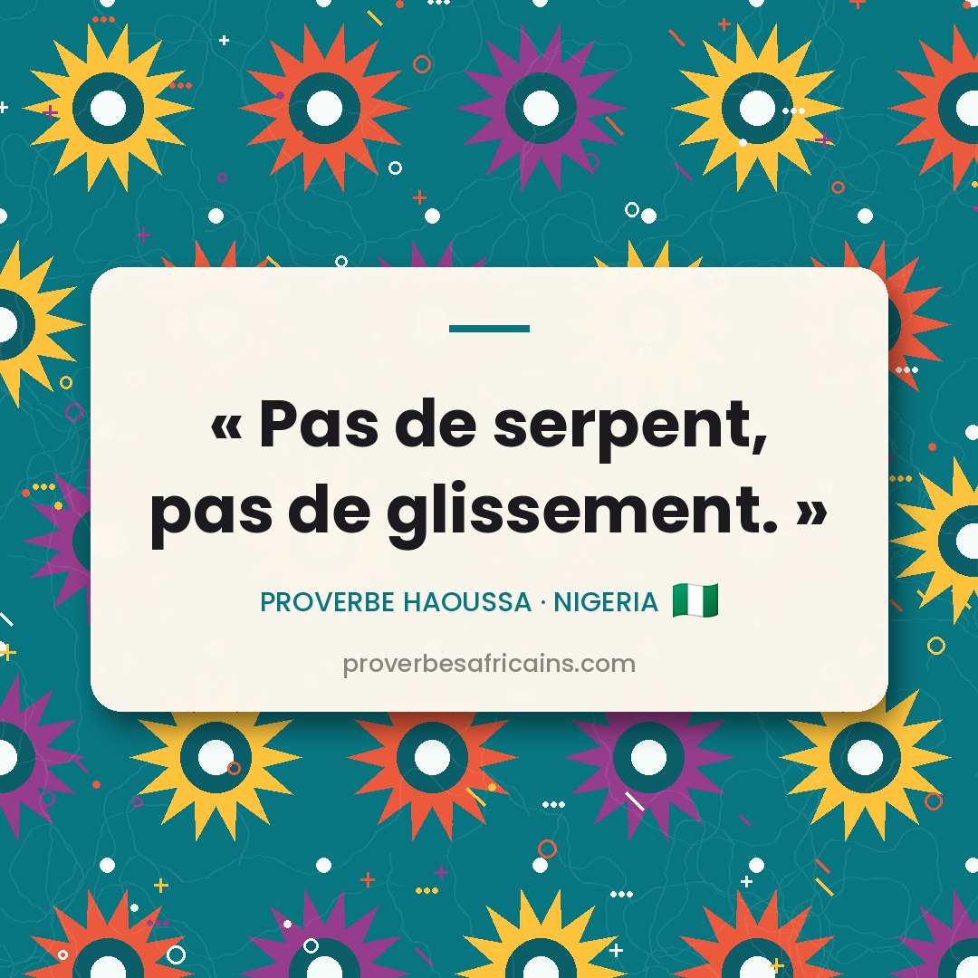 Proverbe africain illustré sur fond wax : « Pas de serpent, pas de glissement. »