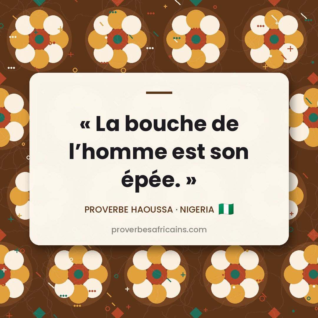 Proverbe africain illustré sur fond wax : « La bouche de l'homme est son épée. »