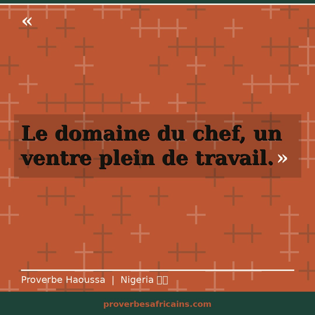 Proverbe africain illustré sur fond wax : « Le domaine du chef, un ventre plein de travail. »