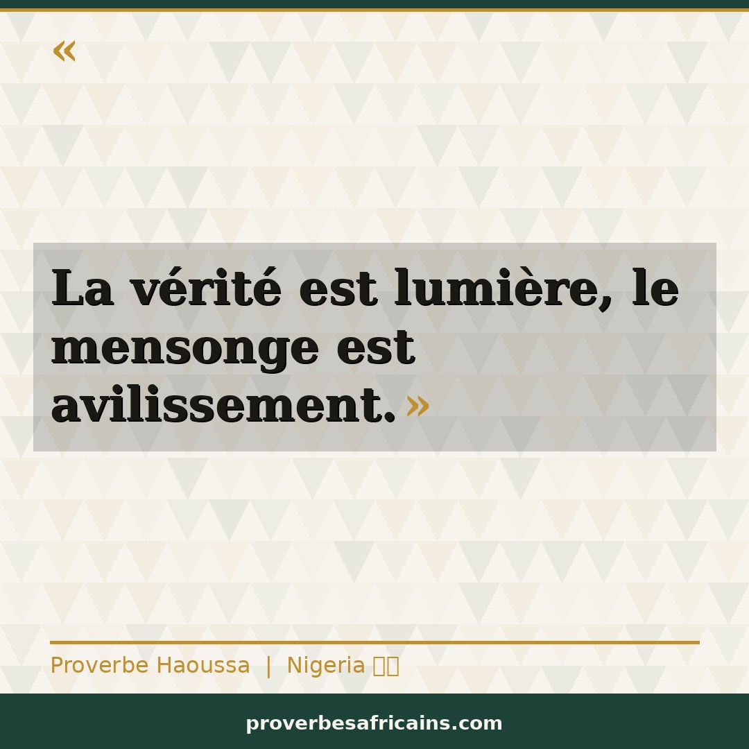 Proverbe africain illustré sur fond wax : « La vérité est lumière, le mensonge est avilissement. »