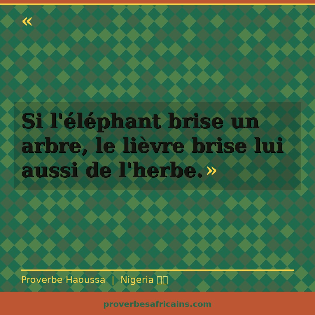 Proverbe africain illustré sur fond wax : « Si l'éléphant brise un arbre, le lièvre brise lui aussi de l'herbe. »