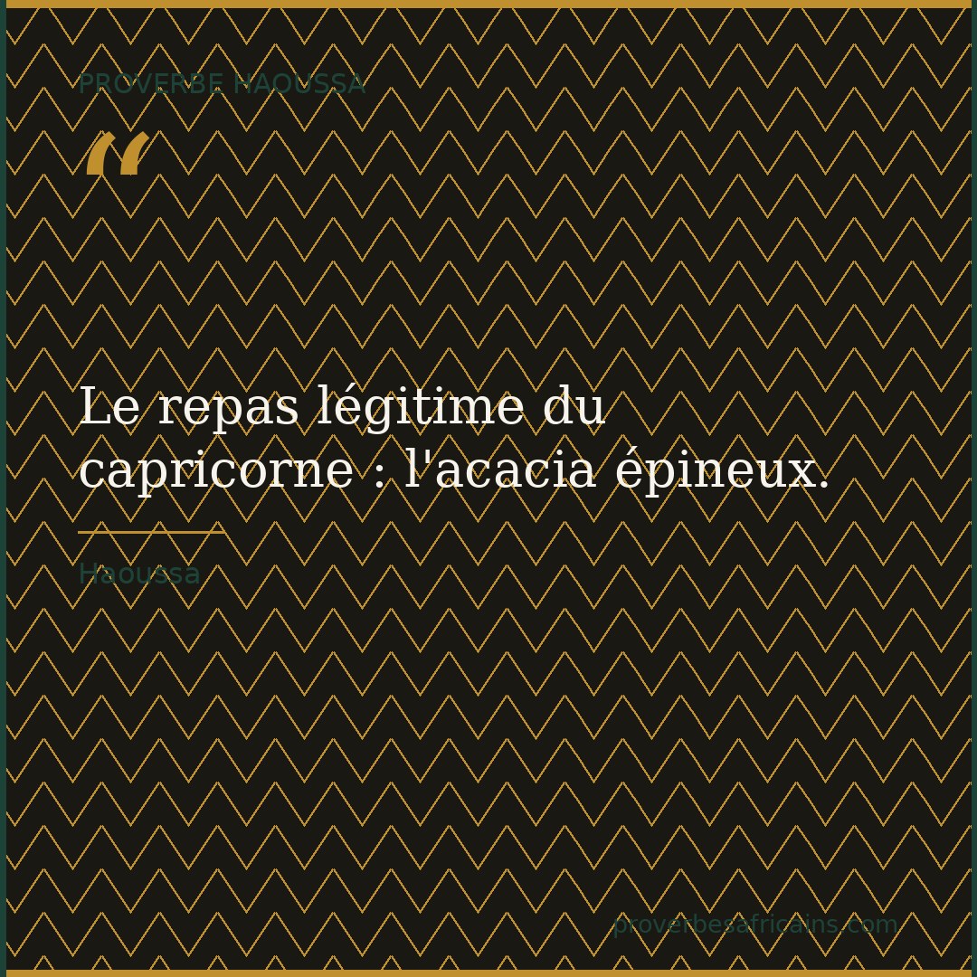 Proverbe africain illustré sur fond wax : « Le repas légitime du capricorne : l'acacia épineux. »