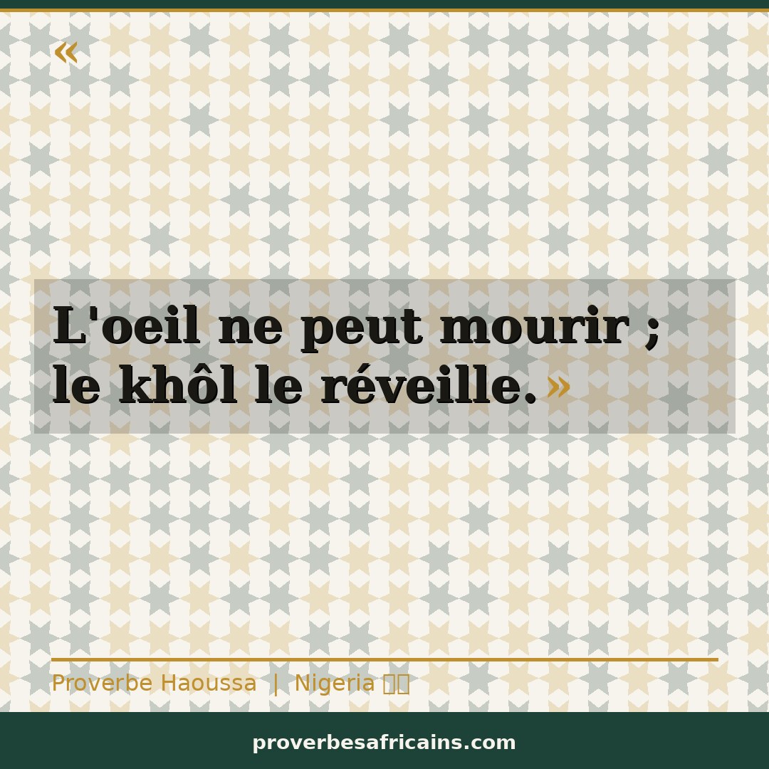 Proverbe africain illustré sur fond wax : « L'oeil ne peut mourir ; le khôl le réveille. »