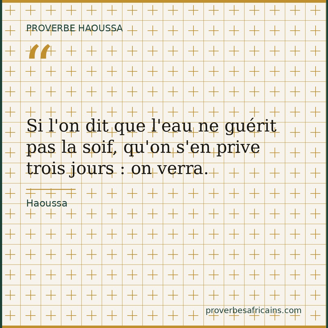 Proverbe africain illustré sur fond wax : « Si l'on dit que l'eau ne guérit pas la soif, qu'on s'en prive trois jours : on verra. »