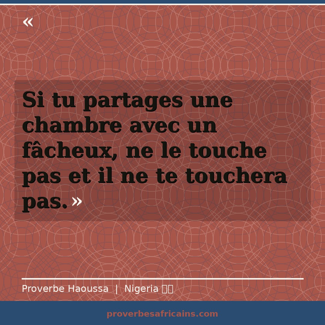 Proverbe africain illustré sur fond wax : « Si tu partages une chambre avec un fâcheux, ne le touche pas et il ne te touchera pas. »