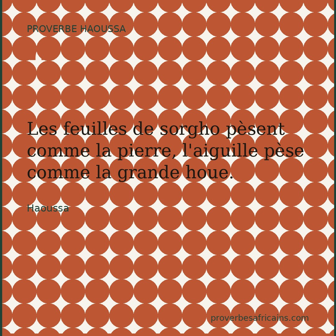 Proverbe africain illustré sur fond wax : « Les feuilles de sorgho pèsent comme la pierre, l'aiguille pèse comme la grande houe. »