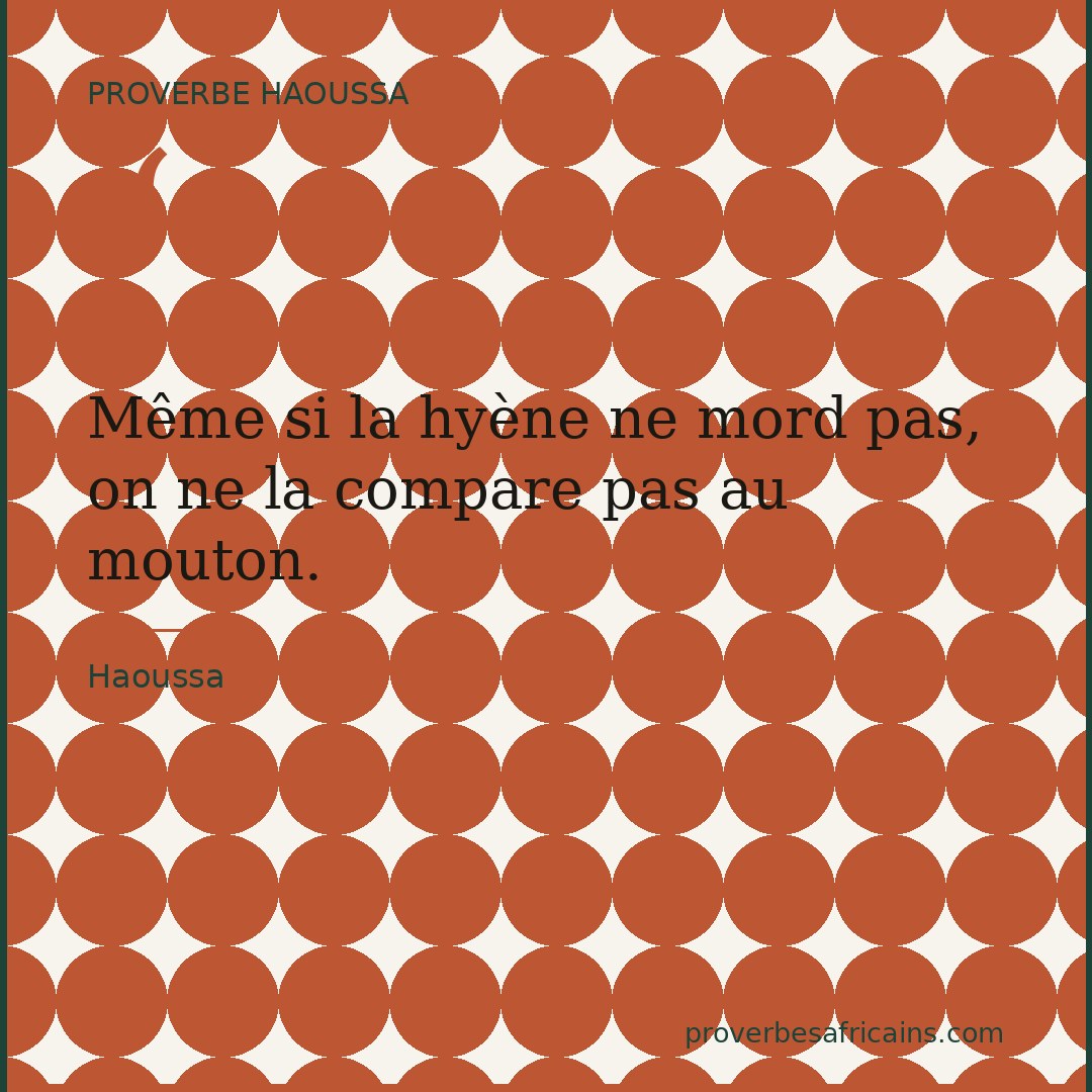 Proverbe africain illustré sur fond wax : « Même si la hyène ne mord pas, on ne la compare pas au mouton. »