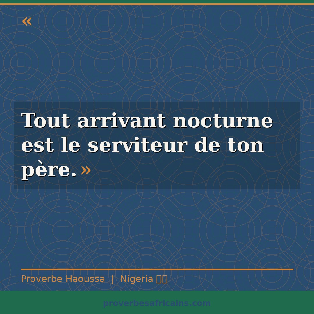 Proverbe africain illustré sur fond wax : « Tout arrivant nocturne est le serviteur de ton père. »
