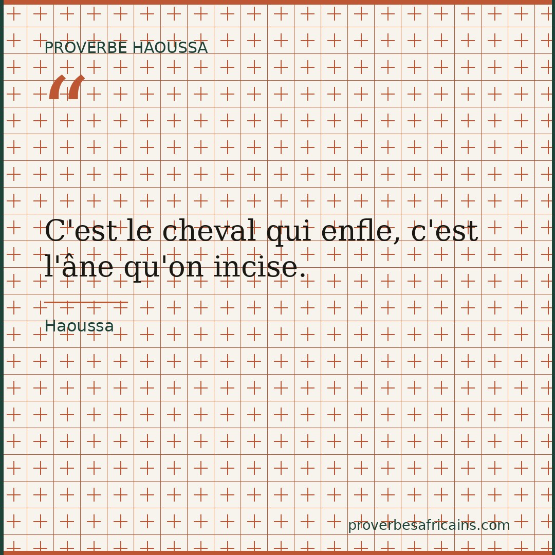 Proverbe africain illustré sur fond wax : « C'est le cheval qui enfle, c'est l'âne qu'on incise. »