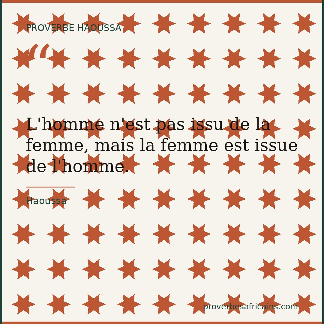 Proverbe africain illustré sur fond wax : « L'homme n'est pas issu de la femme, mais la femme est issue de l'homme. »