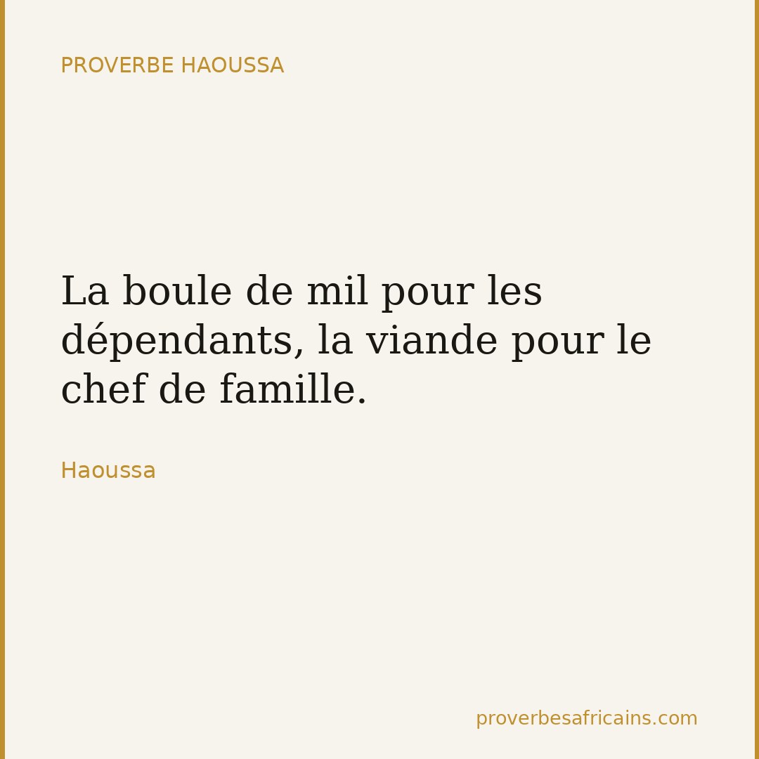 Proverbe africain illustré sur fond wax : « La boule de mil pour les dépendants, la viande pour le chef de famille. »