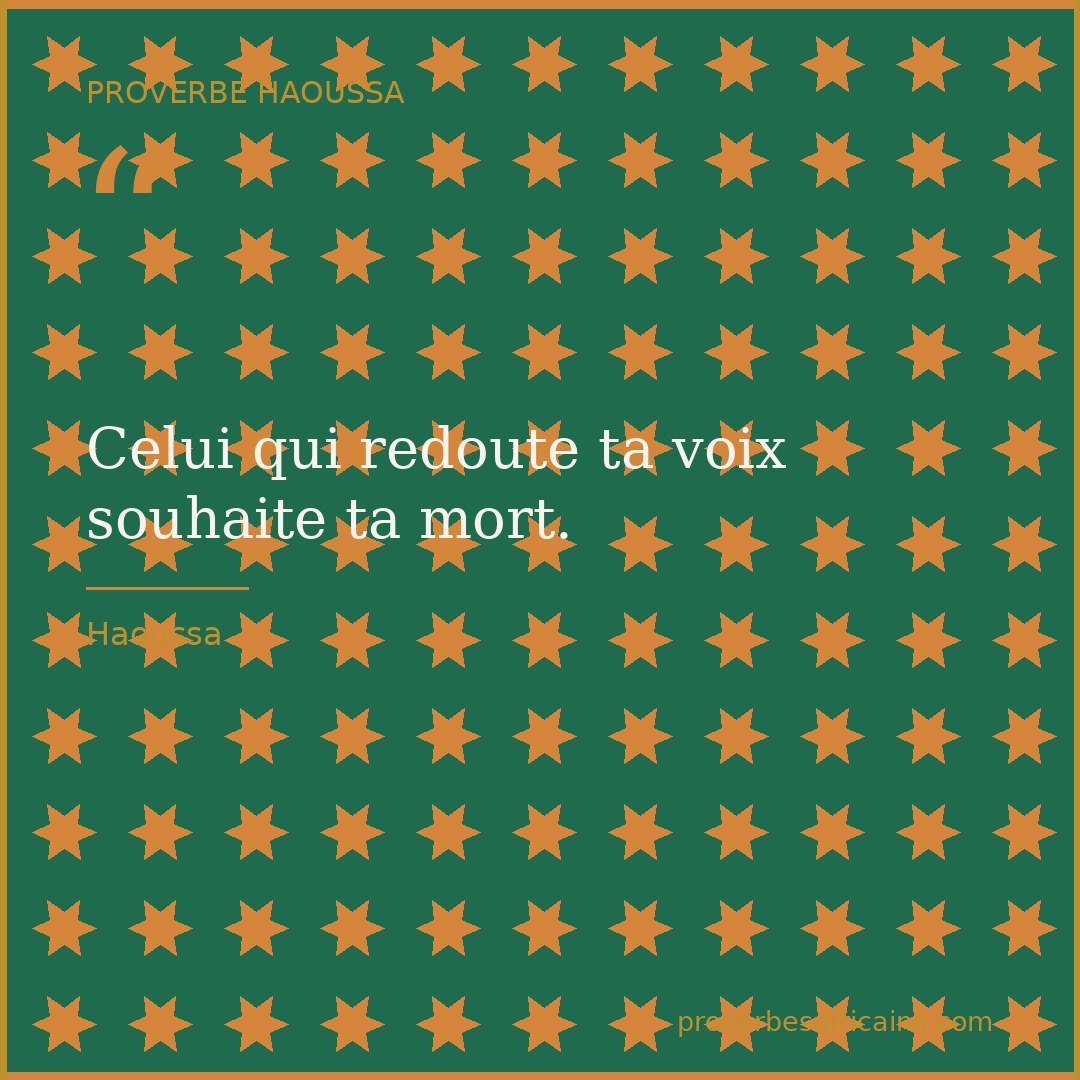 Proverbe africain illustré sur fond wax : « Celui qui redoute ta voix souhaite ta mort. »