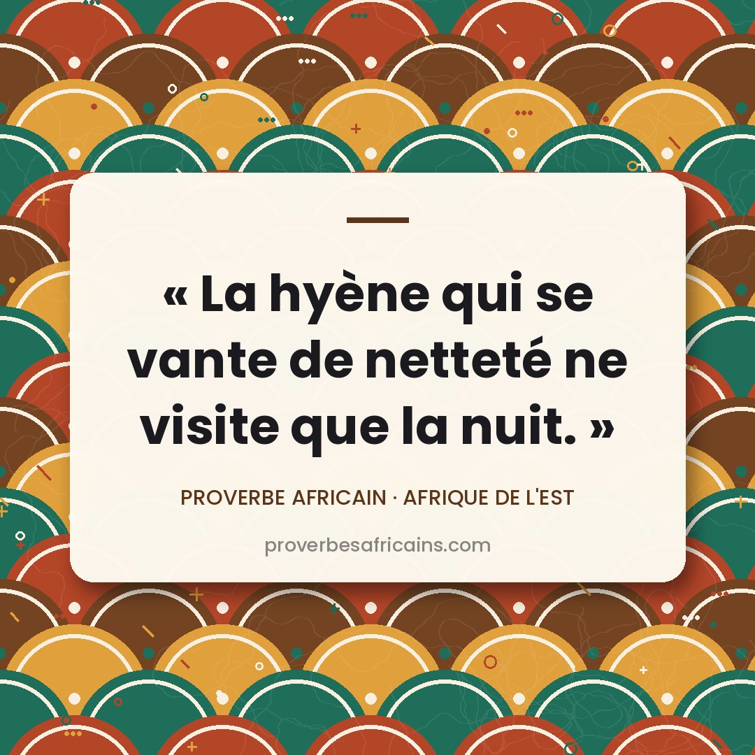Proverbe africain illustré sur fond wax : « La hyène qui se vante de netteté ne visite que la nuit. »