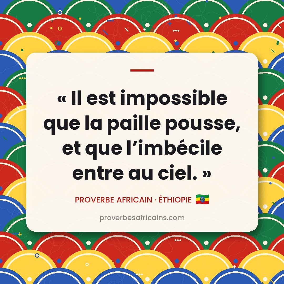 Proverbe africain illustré sur fond wax : « Il est impossible que la paille pousse, et que l'imbécile entre au ciel. »