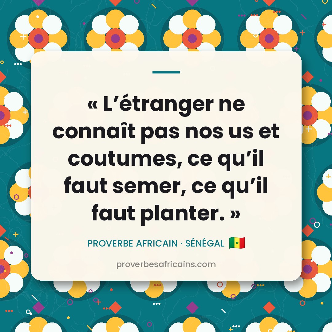 Proverbe africain illustré sur fond wax : « L'étranger ne connaît pas nos us et coutumes, ce qu'il faut semer, ce qu'il faut planter. »