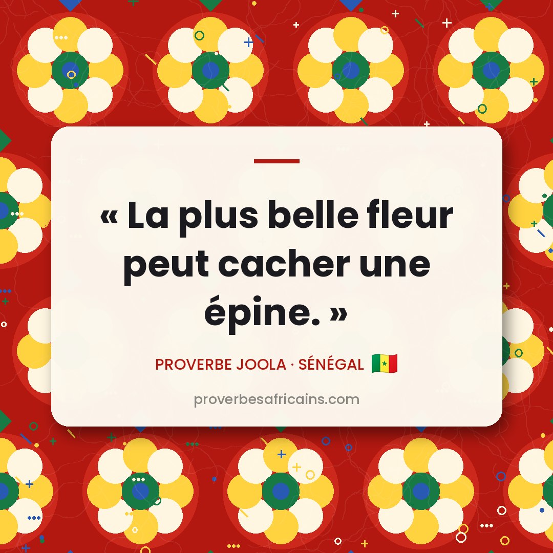Proverbe africain illustré sur fond wax : « La plus belle fleur peut cacher une épine. »
