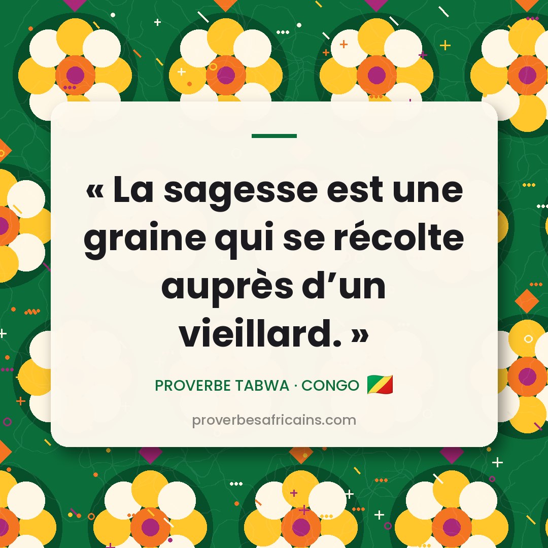 Proverbe africain illustré sur fond wax : « La sagesse est une graine qui se récolte auprès d'un vieillard. »