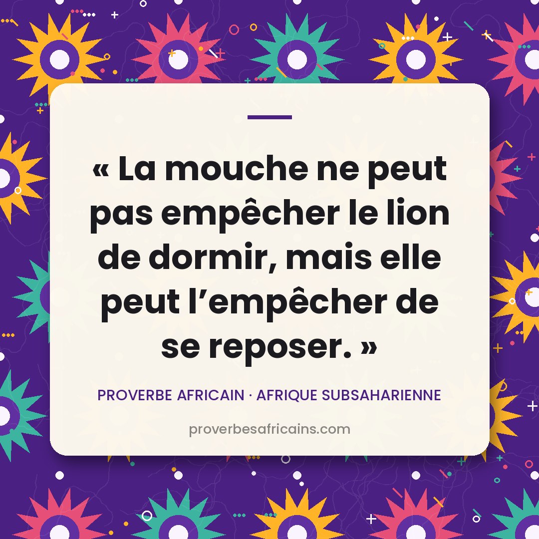 Proverbe africain illustré sur fond wax : « La mouche ne peut pas empêcher le lion de dormir, mais elle peut l'empêcher de se reposer. »
