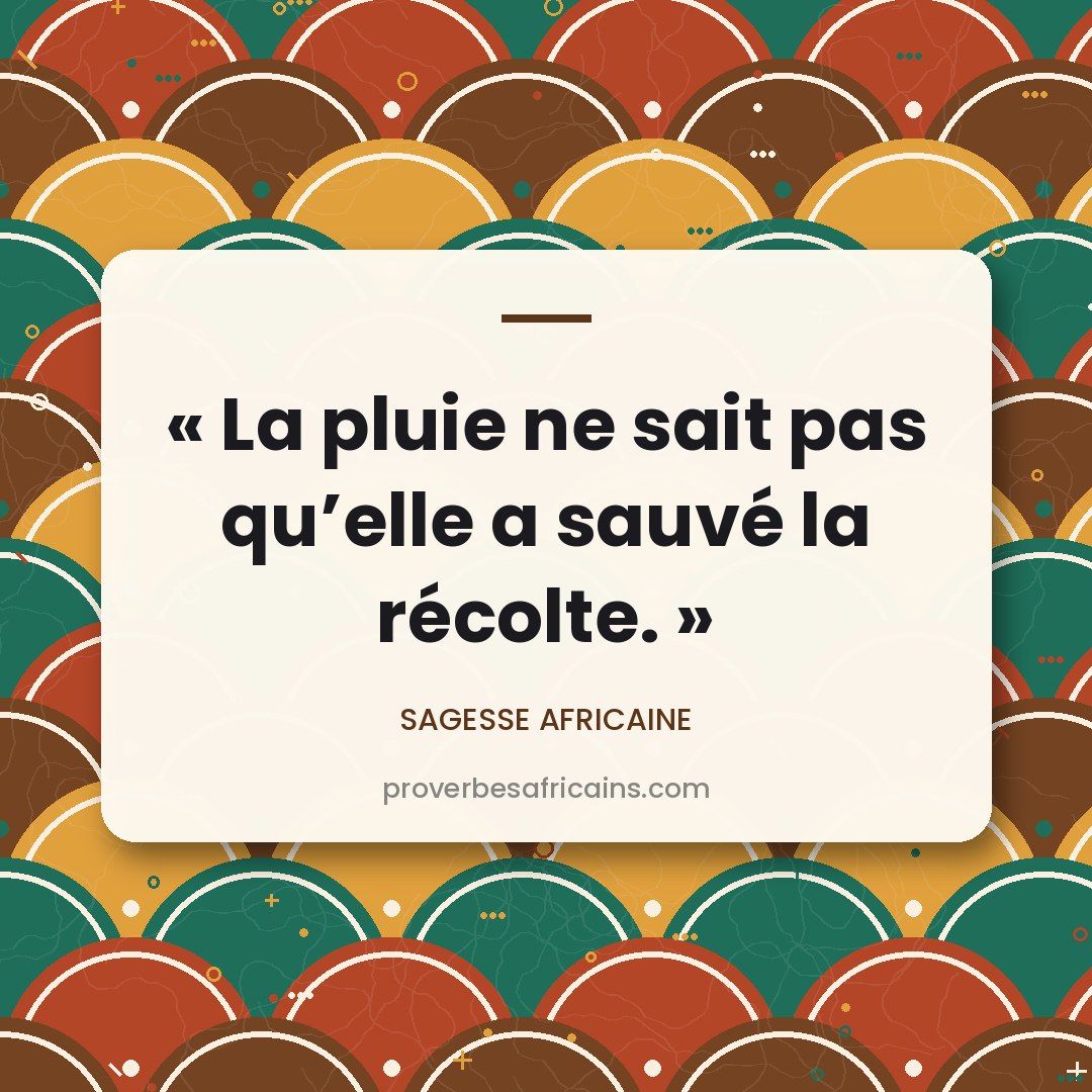 Proverbe africain illustré sur fond wax : « La pluie ne sait pas qu'elle a sauvé la récolte. »