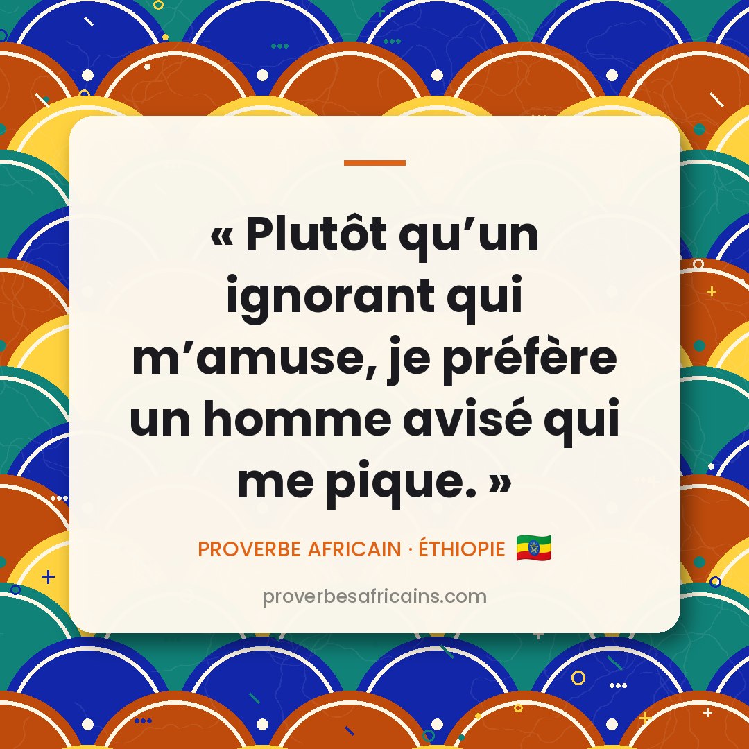 Proverbe africain illustré sur fond wax : « Plutôt qu'un ignorant qui m'amuse, je préfère un homme avisé qui me pique. »