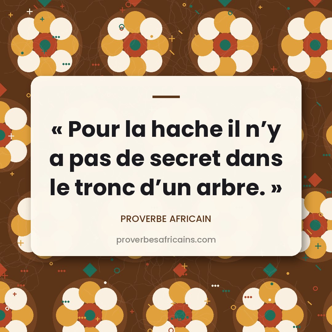 Proverbe africain illustré sur fond wax : « Pour la hache il n'y a pas de secret dans le tronc d'un arbre. »