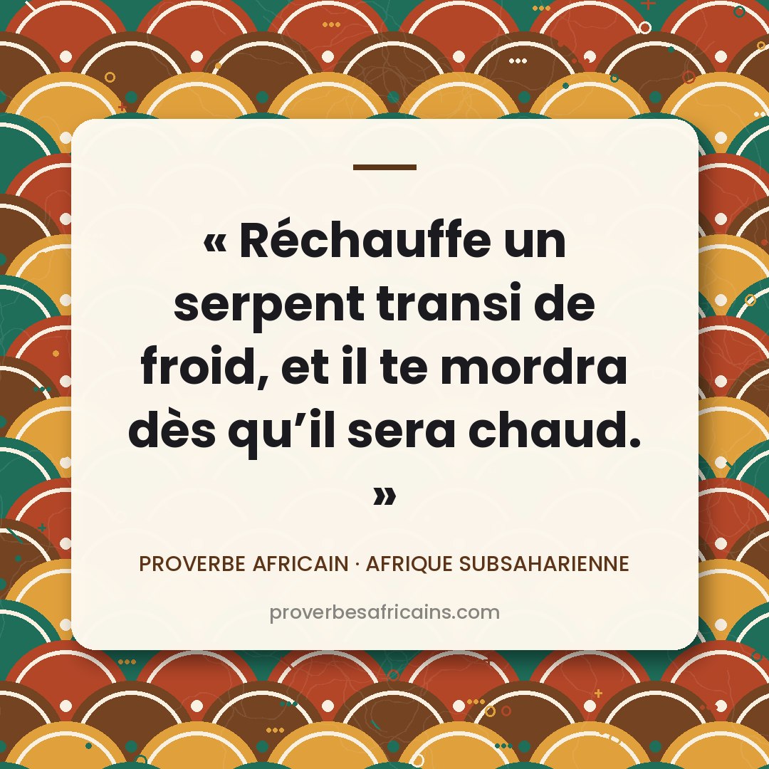 Proverbe africain illustré sur fond wax : « Réchauffe un serpent transi de froid, et il te mordra dès qu'il sera chaud. »
