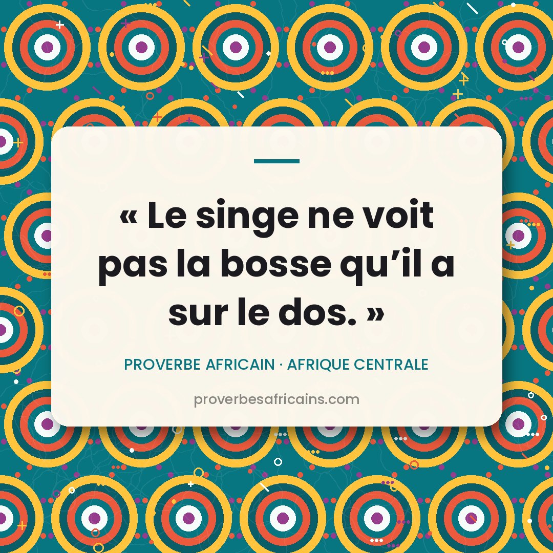 Proverbe africain illustré sur fond wax : « Le singe ne voit pas la bosse qu'il a sur le dos. »