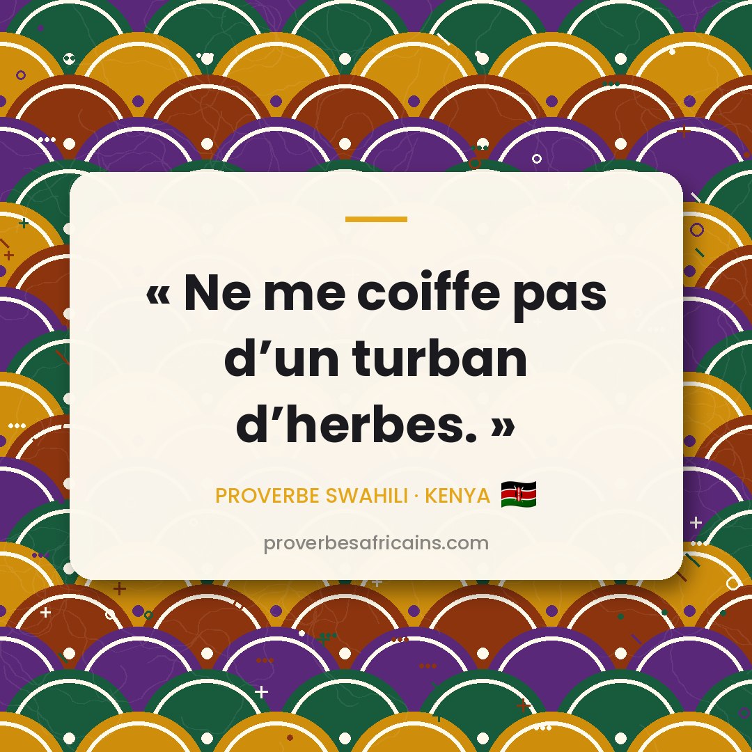 Proverbe africain illustré sur fond wax : « Ne me coiffe pas d'un turban d'herbes. »