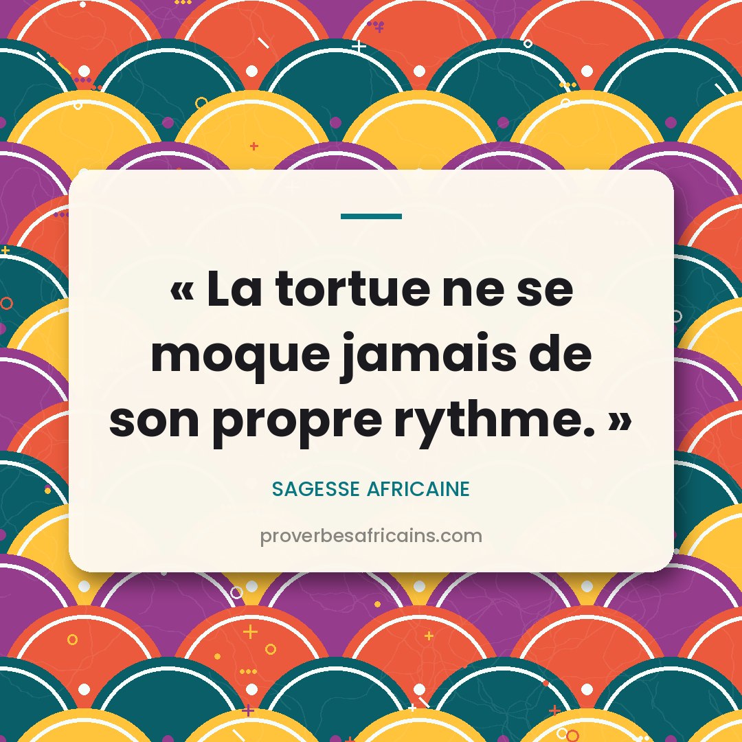 Proverbe africain illustré sur fond wax : « La tortue ne se moque jamais de son propre rythme. »